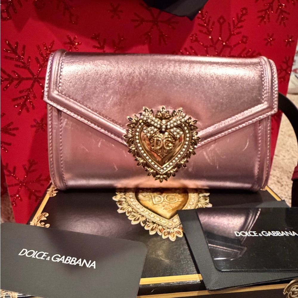 Dolce & Gabbana Metallic Pink Clutch with Gold Emblem